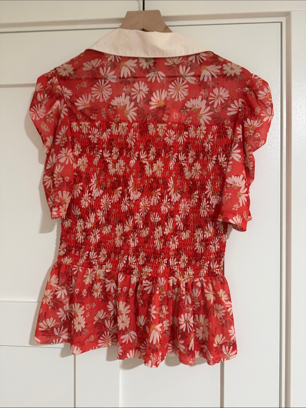 Maeve Red Daisy Smocked Peplum Blouse with Cream Collar - Picture 6 of 7